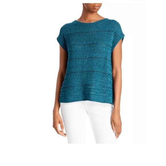 Lafayette148 Silk/Cotton Teal Open Stitch Micro Paillette CoastalGrandma Sweater - Picture 1 of 8